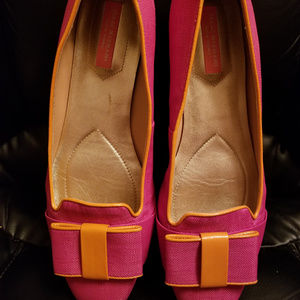 Isaac Mizrahi Pink Woven Orange Bow/Trim Flats